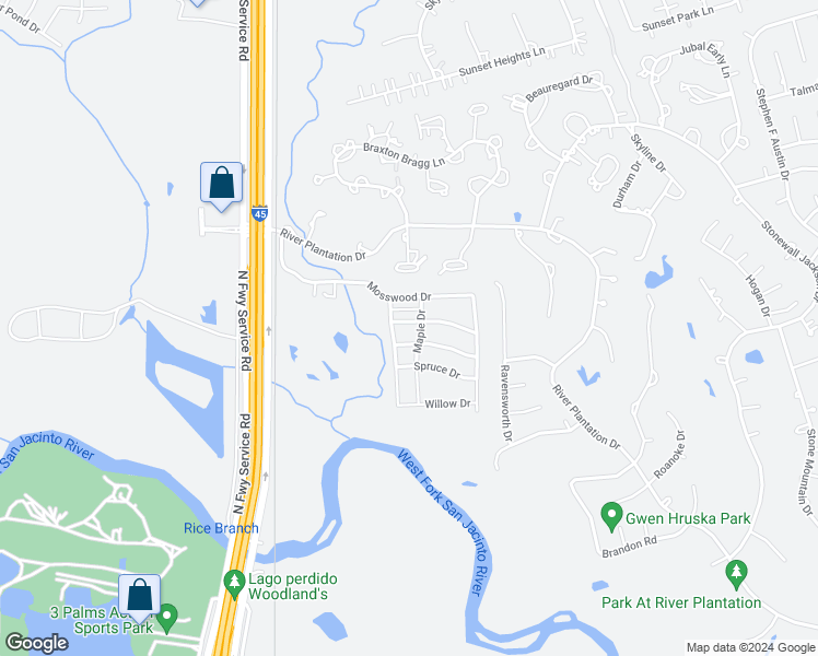 map of restaurants, bars, coffee shops, grocery stores, and more near 594 Orangewood Drive in Conroe