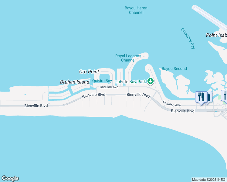 map of restaurants, bars, coffee shops, grocery stores, and more near 2114 Bienville Boulevard in Dauphin Island