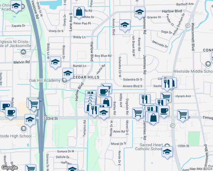 map of restaurants, bars, coffee shops, grocery stores, and more near 4827 Daughtry Boulevard East in Jacksonville