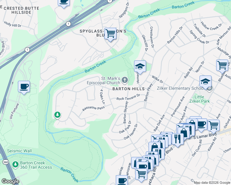 map of restaurants, bars, coffee shops, grocery stores, and more near 2806 Rock Terrace Drive in Austin