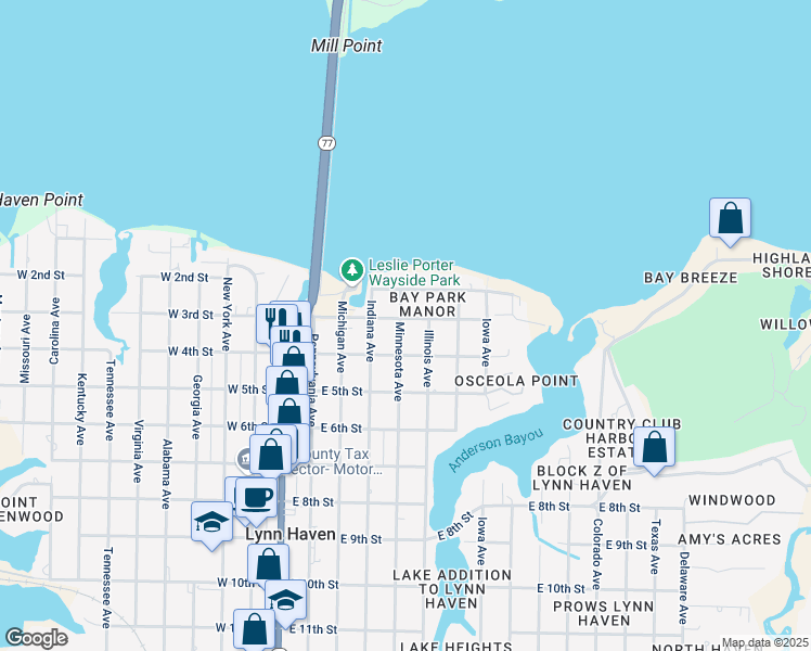map of restaurants, bars, coffee shops, grocery stores, and more near 301 Minnesota Avenue in Lynn Haven