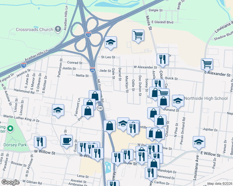 map of restaurants, bars, coffee shops, grocery stores, and more near 215 Peggy Street in Lafayette