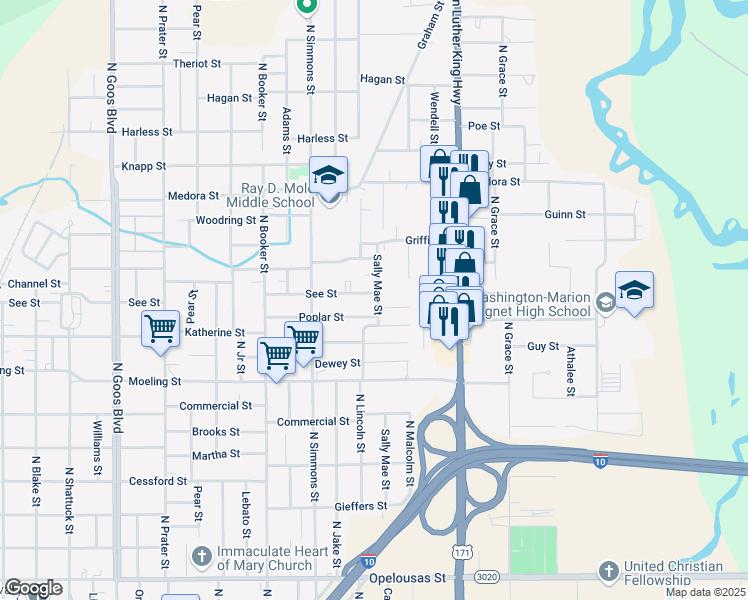 map of restaurants, bars, coffee shops, grocery stores, and more near 2345-2355 Poplar Street in Lake Charles