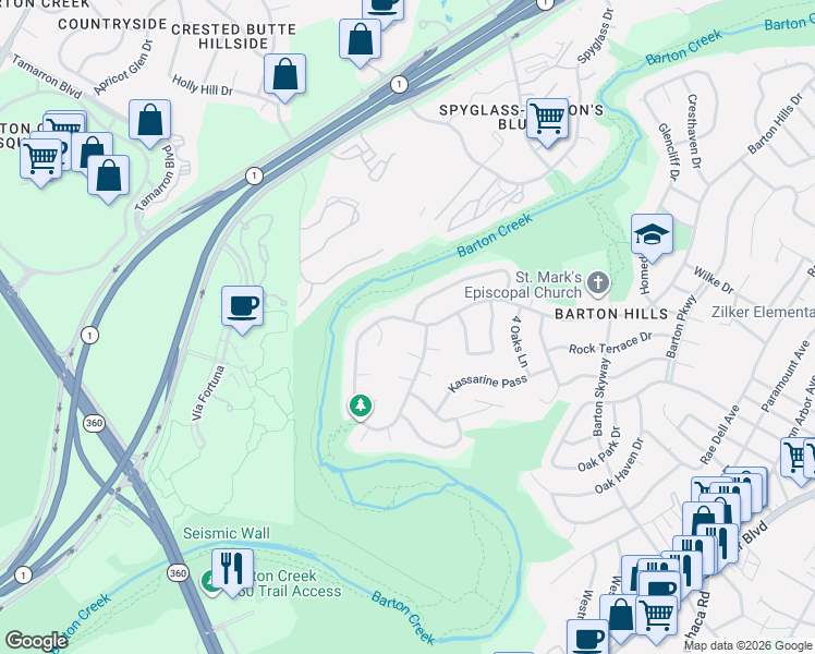 map of restaurants, bars, coffee shops, grocery stores, and more near 2605 Barton Hills Drive in Austin