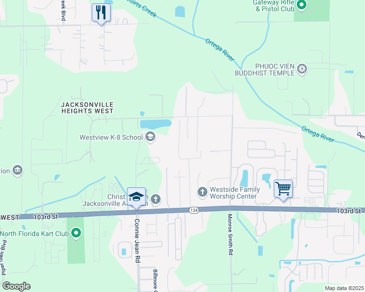map of restaurants, bars, coffee shops, grocery stores, and more near 9820 Noroad in Jacksonville