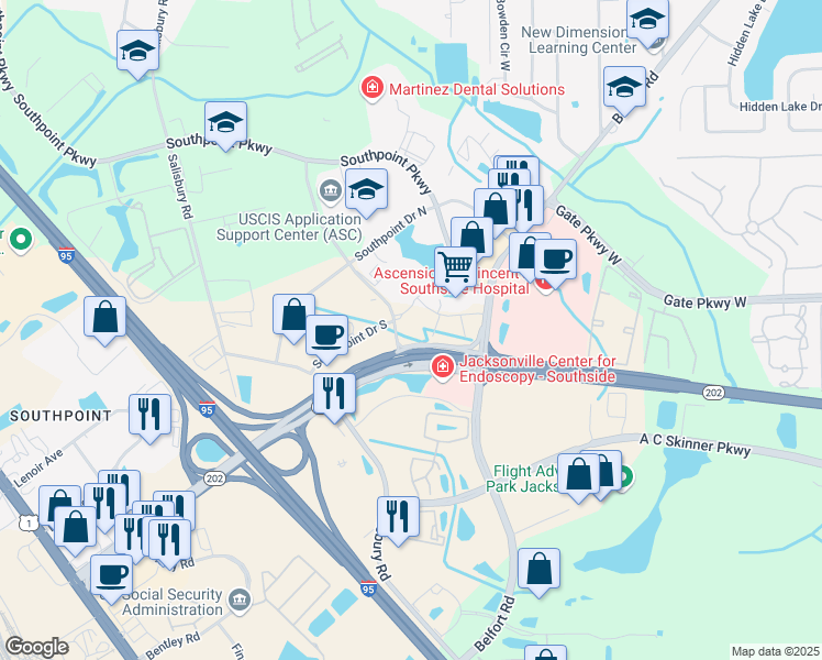 map of restaurants, bars, coffee shops, grocery stores, and more near 4345 Southpoint Boulevard in Jacksonville