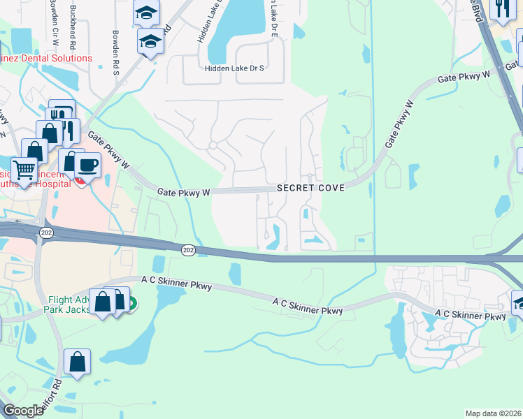 map of restaurants, bars, coffee shops, grocery stores, and more near 4158 Crownwood Drive in Jacksonville
