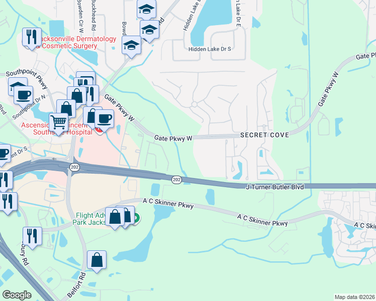 map of restaurants, bars, coffee shops, grocery stores, and more near Studio Park Avenue in Jacksonville