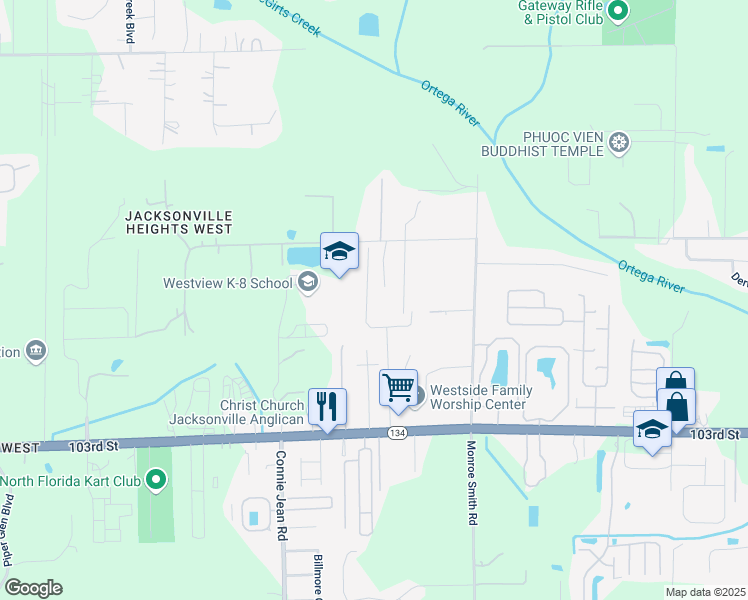 map of restaurants, bars, coffee shops, grocery stores, and more near 9820 Noroad in Jacksonville