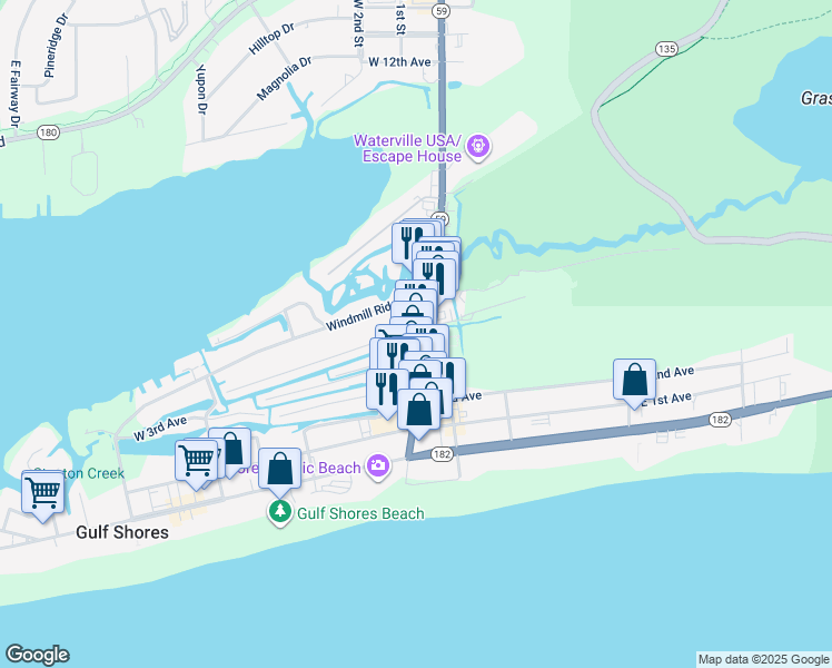 map of restaurants, bars, coffee shops, grocery stores, and more near 108 West 5th Avenue in Gulf Shores