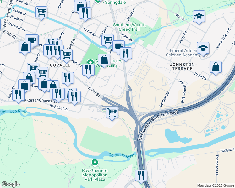 map of restaurants, bars, coffee shops, grocery stores, and more near 7501 1/2 Levander Loop in Austin