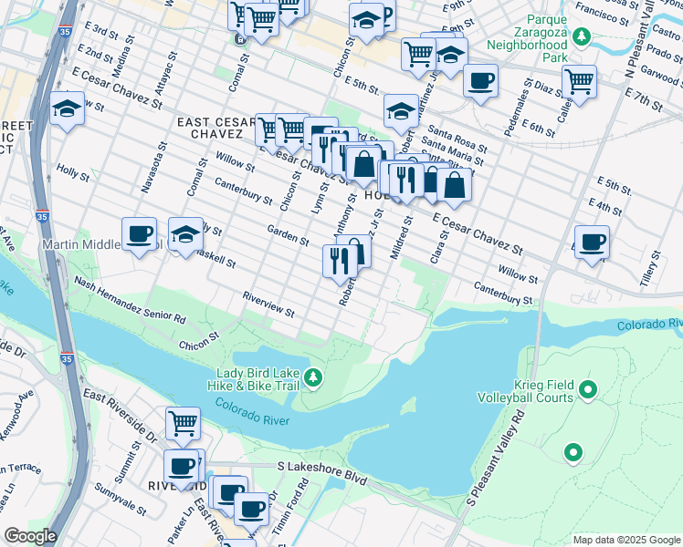 map of restaurants, bars, coffee shops, grocery stores, and more near 2105 Holly Street in Austin