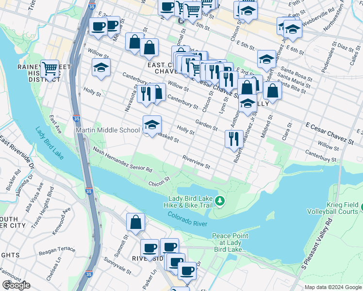 map of restaurants, bars, coffee shops, grocery stores, and more near 1800 Riverview Street in Austin