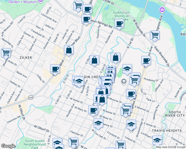 map of restaurants, bars, coffee shops, grocery stores, and more near 1304 South 3rd Street in Austin