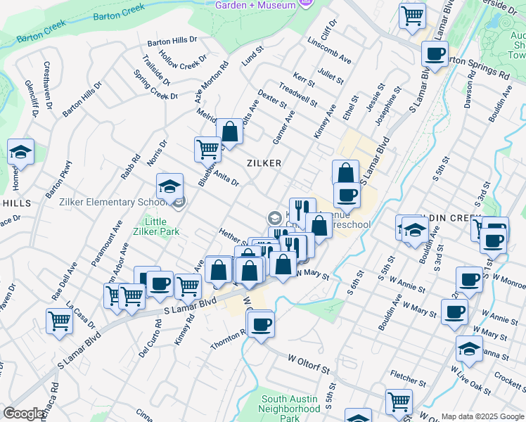 map of restaurants, bars, coffee shops, grocery stores, and more near 1800 Kinney Avenue in Austin