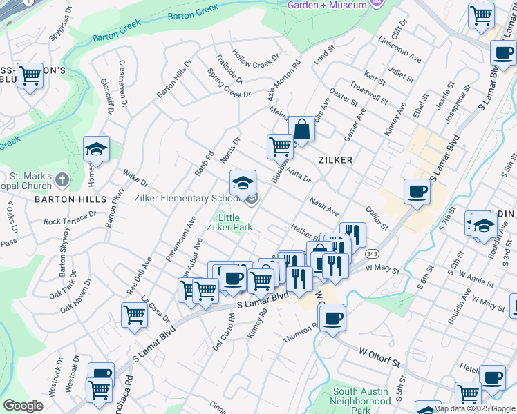 map of restaurants, bars, coffee shops, grocery stores, and more near 1907 Hether Street in Austin