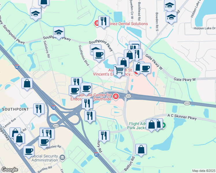 map of restaurants, bars, coffee shops, grocery stores, and more near 4345 Southpoint Boulevard in Jacksonville
