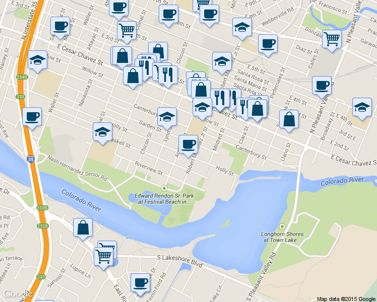 map of restaurants, bars, coffee shops, grocery stores, and more near 2105 Holly Street in Austin