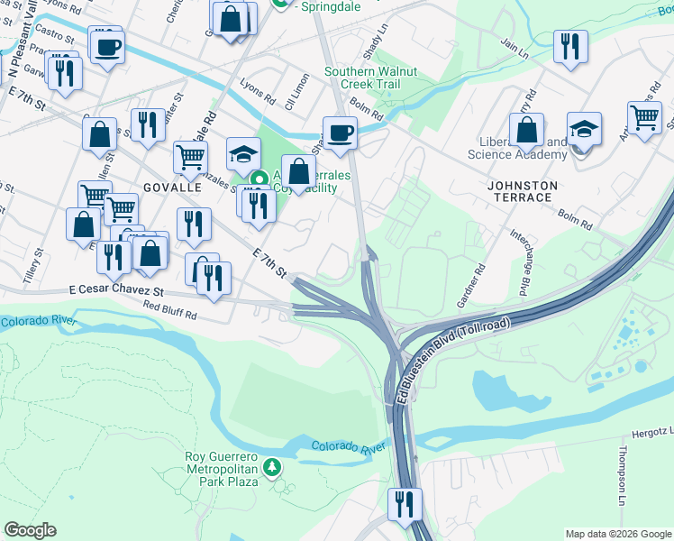 map of restaurants, bars, coffee shops, grocery stores, and more near 720 Airport Boulevard in Austin