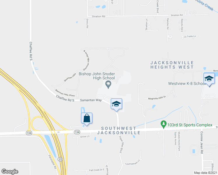 map of restaurants, bars, coffee shops, grocery stores, and more near 5501 Samaritan Way in Jacksonville