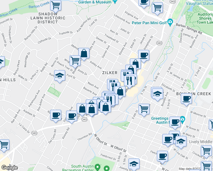 map of restaurants, bars, coffee shops, grocery stores, and more near 1703 Kinney Avenue in Austin
