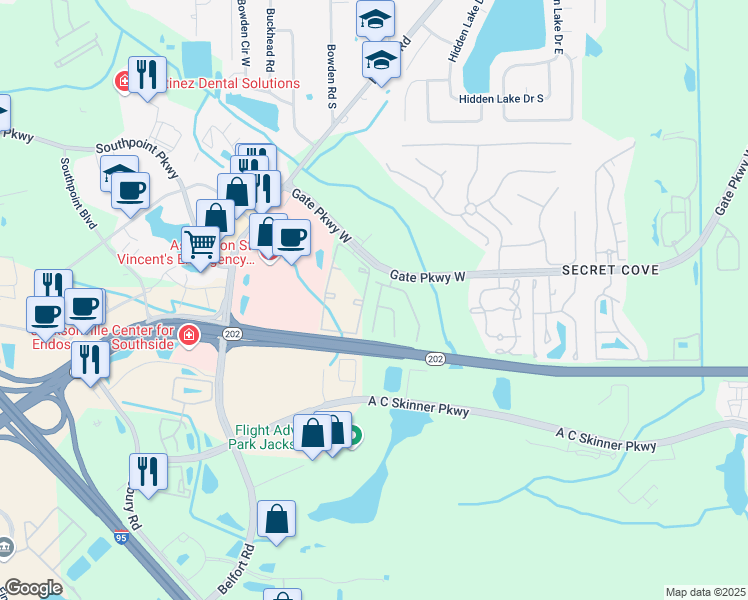 map of restaurants, bars, coffee shops, grocery stores, and more near 4214 Metron Drive in Jacksonville