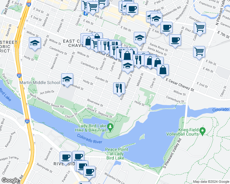 map of restaurants, bars, coffee shops, grocery stores, and more near 2100 Holly Street in Austin