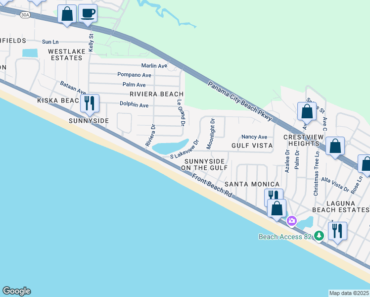 map of restaurants, bars, coffee shops, grocery stores, and more near 21305 South Lakeview Drive in Panama City Beach