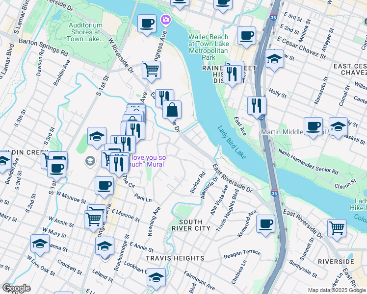 map of restaurants, bars, coffee shops, grocery stores, and more near 506 Academy Drive in Austin