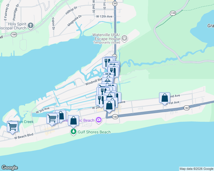 map of restaurants, bars, coffee shops, grocery stores, and more near 100 West 6th Avenue in Gulf Shores