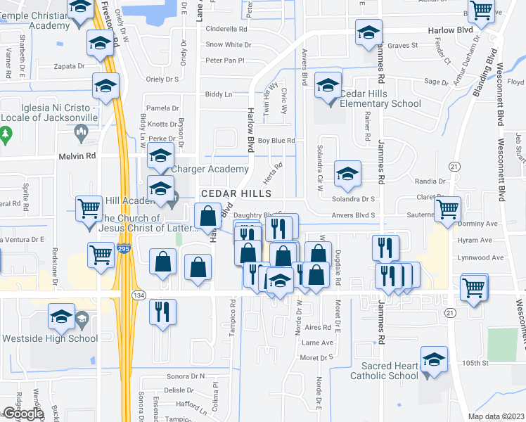 map of restaurants, bars, coffee shops, grocery stores, and more near 6739 Daughtry Boulevard South in Jacksonville