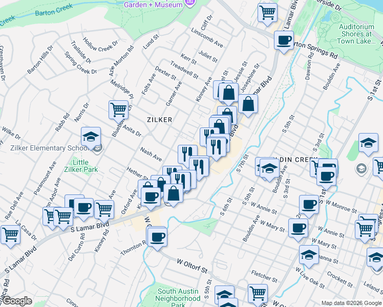 map of restaurants, bars, coffee shops, grocery stores, and more near 1430 Collier Street in Austin