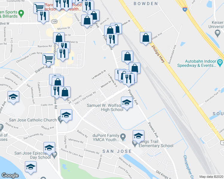 map of restaurants, bars, coffee shops, grocery stores, and more near 3914 Toreador Court in Jacksonville