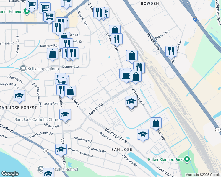 map of restaurants, bars, coffee shops, grocery stores, and more near 20 7061-11 Old Kings Ap in Jacksonville