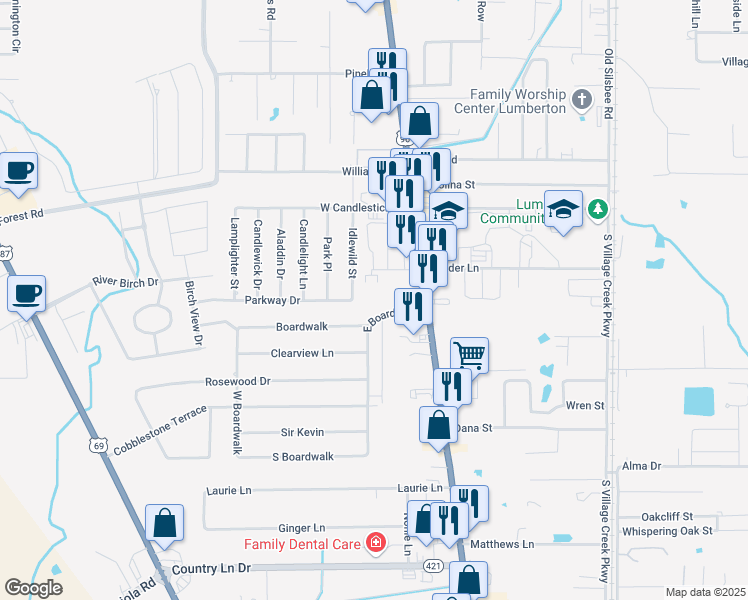 map of restaurants, bars, coffee shops, grocery stores, and more near 7600 Boardwalk in Lumberton