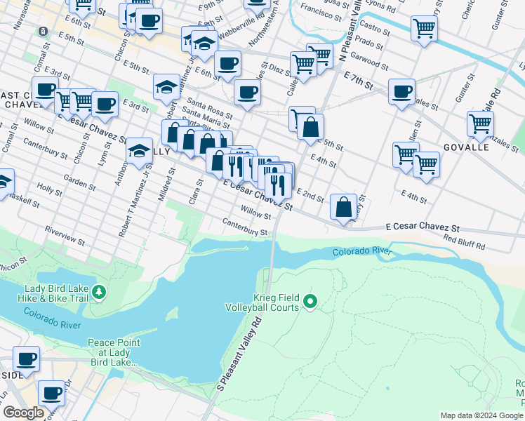 map of restaurants, bars, coffee shops, grocery stores, and more near in Austin