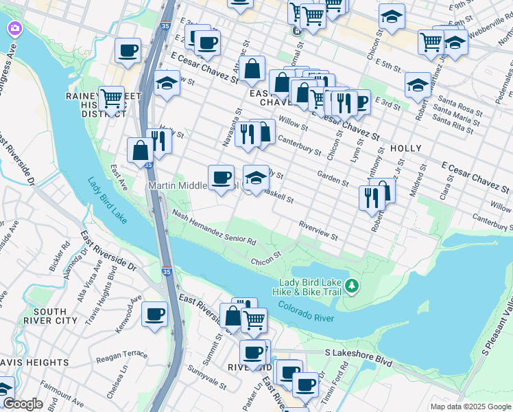 map of restaurants, bars, coffee shops, grocery stores, and more near 1601 Haskell Street in Austin