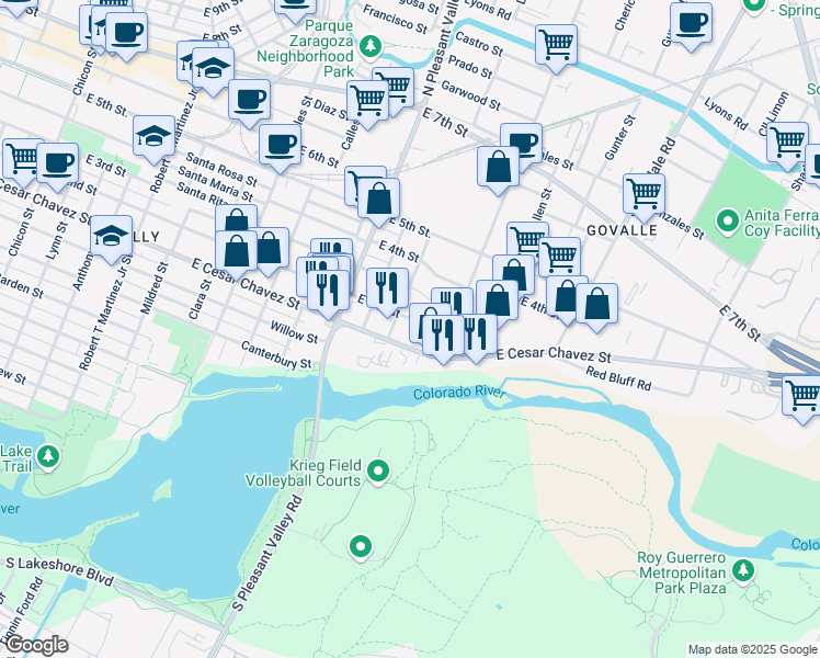 map of restaurants, bars, coffee shops, grocery stores, and more near in Austin