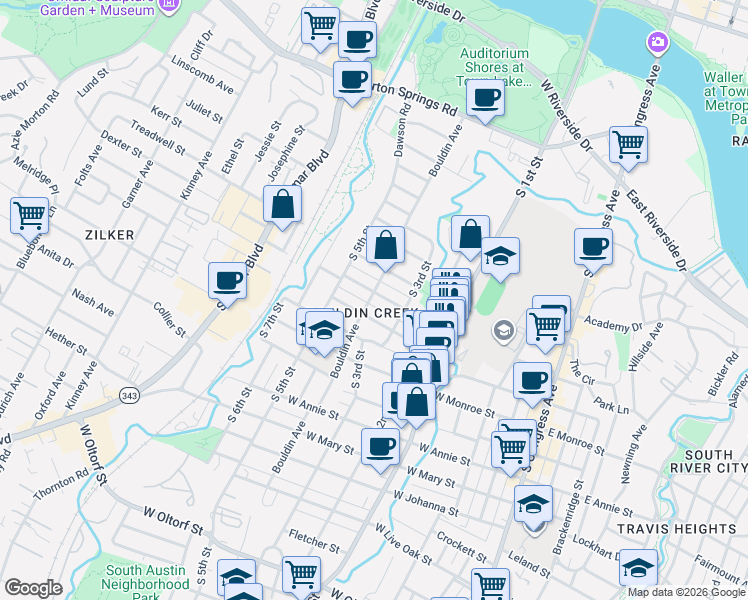 map of restaurants, bars, coffee shops, grocery stores, and more near 817 West Gibson Street in Austin