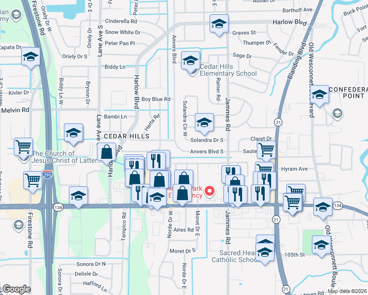 map of restaurants, bars, coffee shops, grocery stores, and more near 6565 Anvers Boulevard South in Jacksonville