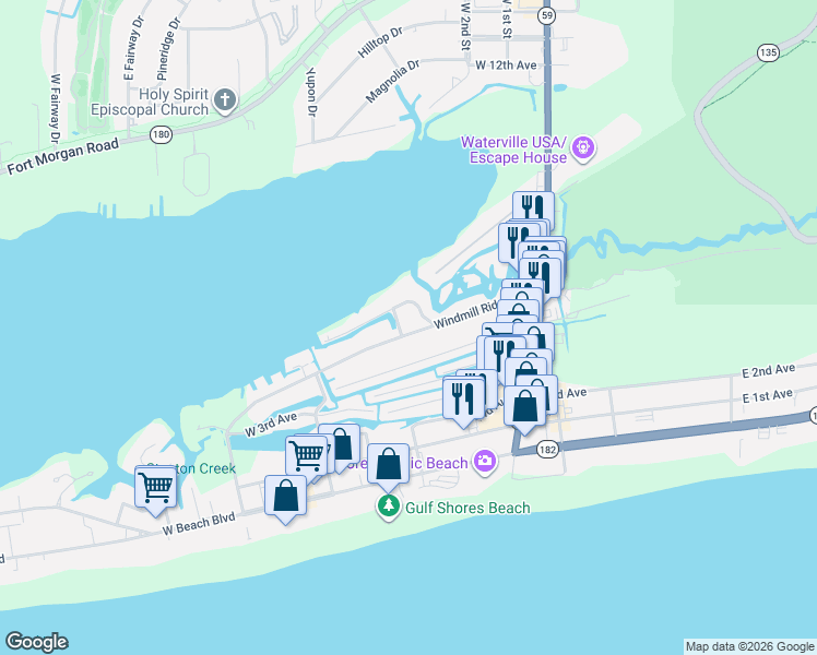 map of restaurants, bars, coffee shops, grocery stores, and more near 212 Windmill Ridge Road in Gulf Shores