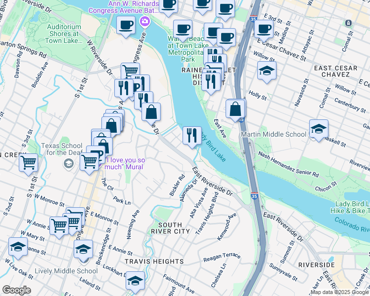 map of restaurants, bars, coffee shops, grocery stores, and more near 512 East Riverside Drive in Austin