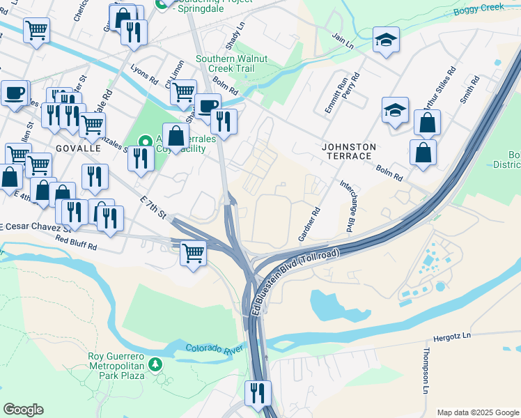 map of restaurants, bars, coffee shops, grocery stores, and more near 7201 Levander Loop in Austin