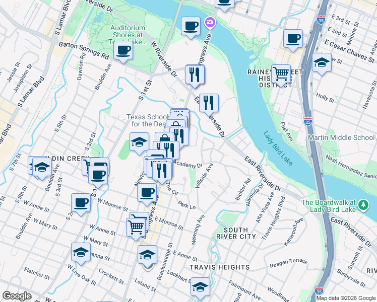 map of restaurants, bars, coffee shops, grocery stores, and more near 200 Academy Drive in Austin