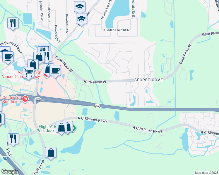 map of restaurants, bars, coffee shops, grocery stores, and more near 8290 Gate Parkway West in Jacksonville