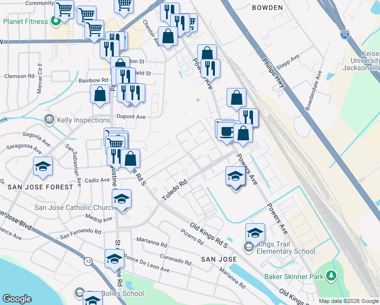 map of restaurants, bars, coffee shops, grocery stores, and more near 6550 Mission Court in Jacksonville