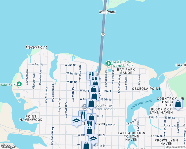 map of restaurants, bars, coffee shops, grocery stores, and more near 205 Harbour Pointe Drive in Lynn Haven