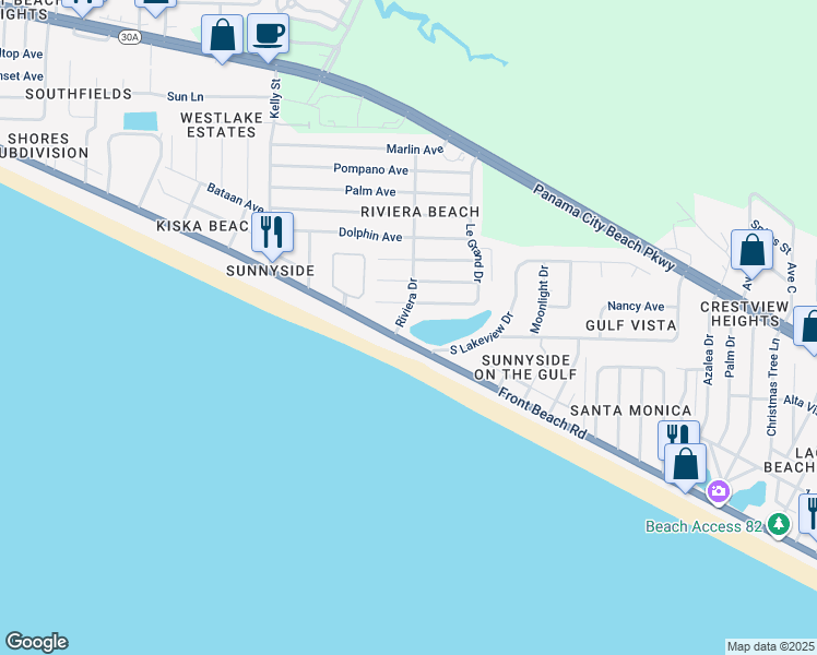 map of restaurants, bars, coffee shops, grocery stores, and more near 125 Riviera Drive in Panama City Beach