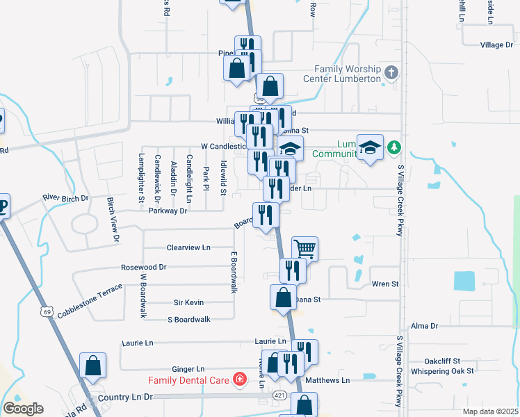 map of restaurants, bars, coffee shops, grocery stores, and more near 204 South Main Street in Lumberton
