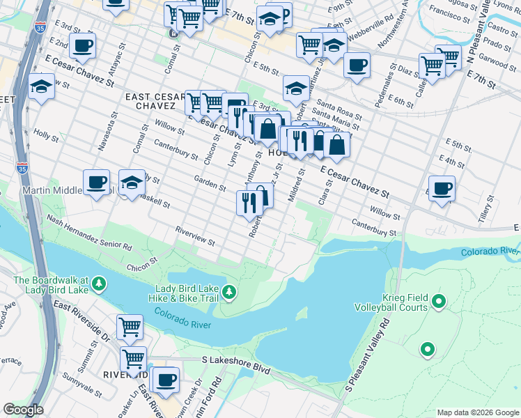 map of restaurants, bars, coffee shops, grocery stores, and more near 2114 Garden Street in Austin